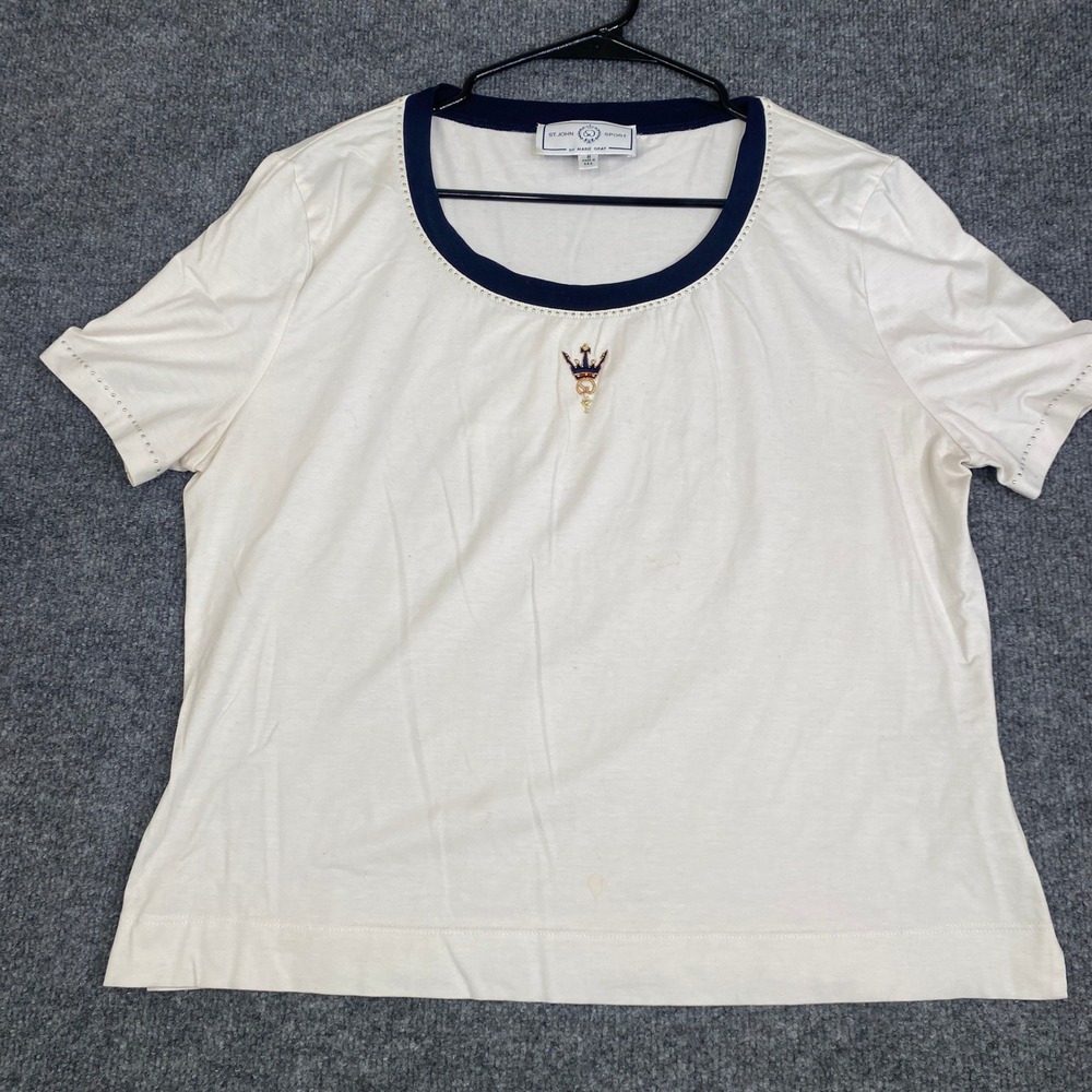 St John Sport Marie Gray Womens Medium White Navy Crown Crest Studded T-Shirt